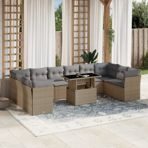 Set de sofás de jardín 11pzas con cojines ratán sintético beige D