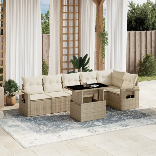 Set sofás de jardín 7 piezas y cojines ratán sintético beige D