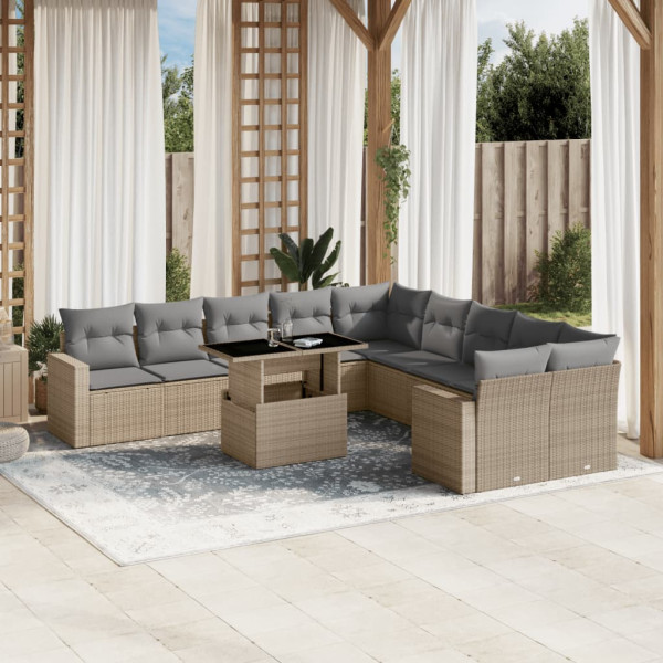 Set de sofás de jardín 11pzas con cojines ratán sintético beige D