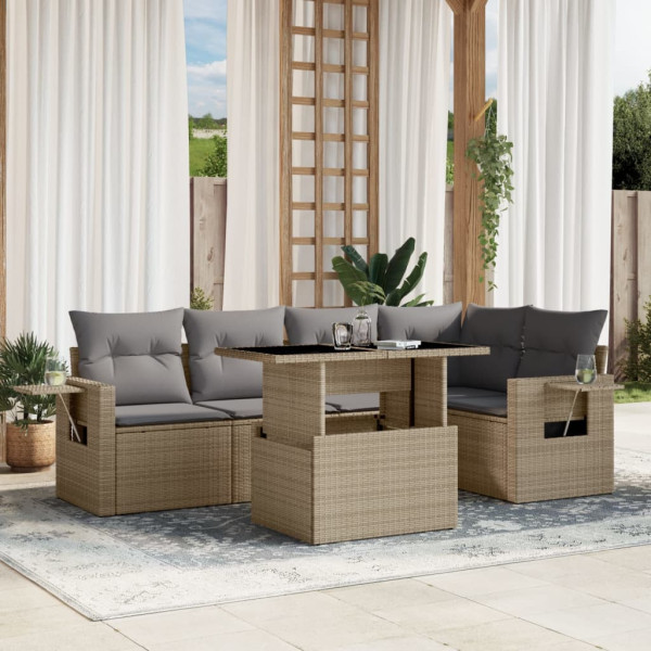 Sofá de jardim com almofadas 6 pcs bege sintético rattan D