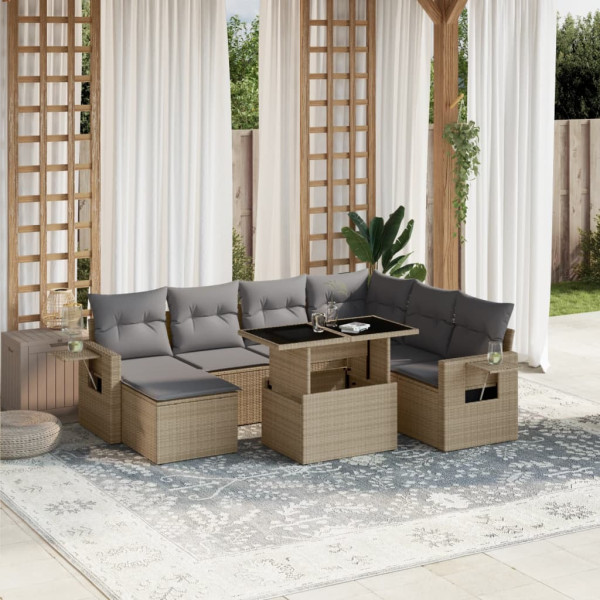 Set de sofás de jardín y cojines 8 piezas ratán sintético beige D