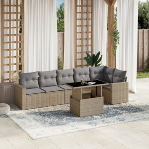 Set sofás de jardín 7 piezas y cojines ratán sintético beige D