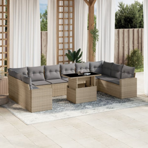 Set de sofás de jardín 11pzas con cojines ratán sintético beige D