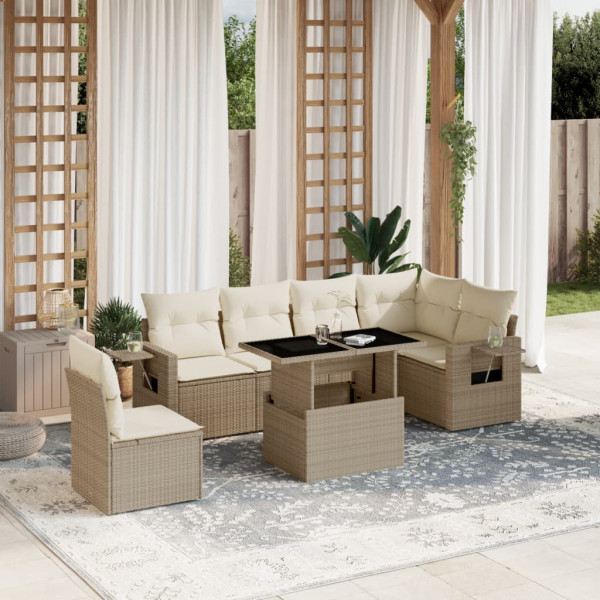 Set sofás de jardín 7 piezas y cojines ratán sintético beige D