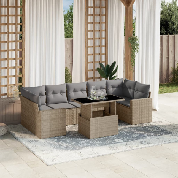 Conjunto de sofá e almofada de jardim 8 peças rattan sintético bege D