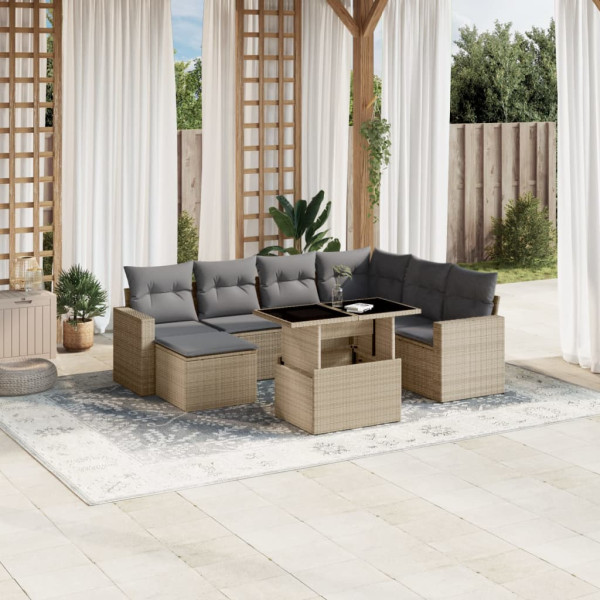 Conjunto de sofá e almofada de jardim 8 peças rattan sintético bege D