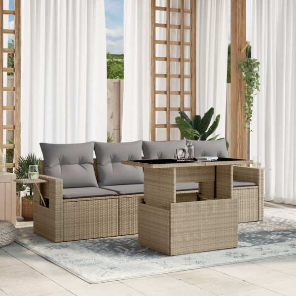 Sofá de jardim com almofadas 5 pcs bege sintético rattan D