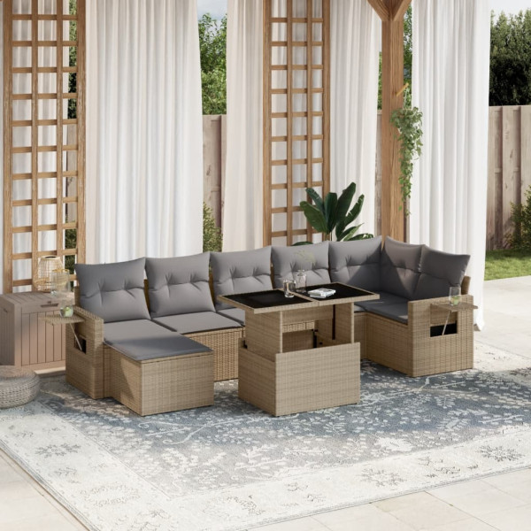 Conjunto de sofá e almofada de jardim 8 peças rattan sintético bege D