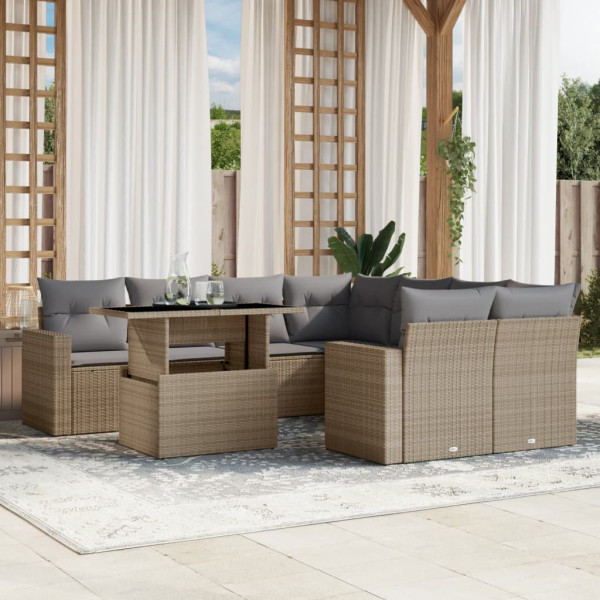 Set de sofás de jardín 9 pzas con cojines ratán sintético beige D