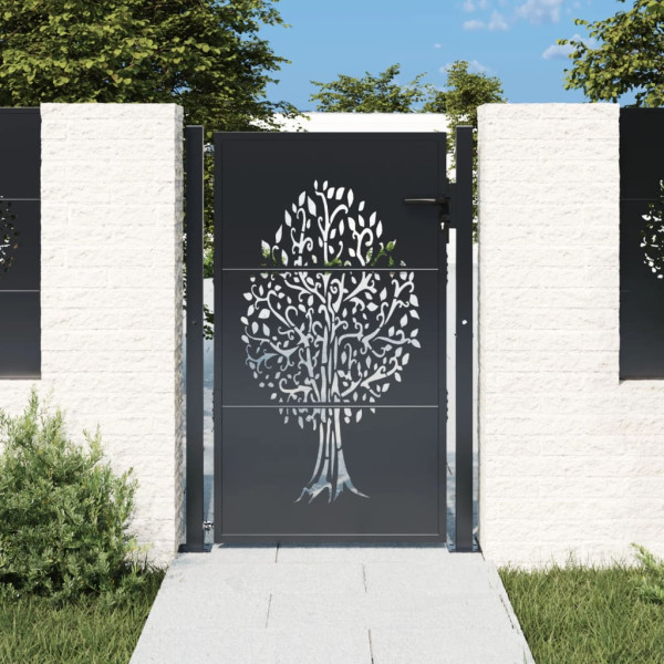 Puerta de jardín acero gris antracita diseño árbol 105x130 cm D