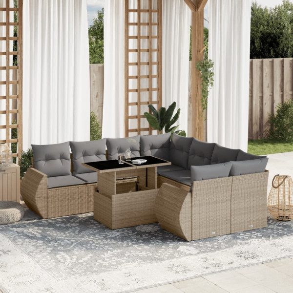 Set de sofás de jardín 9 pzas con cojines ratán sintético beige D