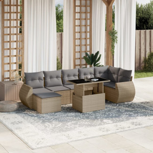 Set de sofás de jardín y cojines 8 piezas ratán sintético beige D