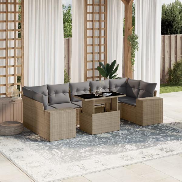 Conjunto de sofá e almofada de jardim 8 peças rattan sintético bege D