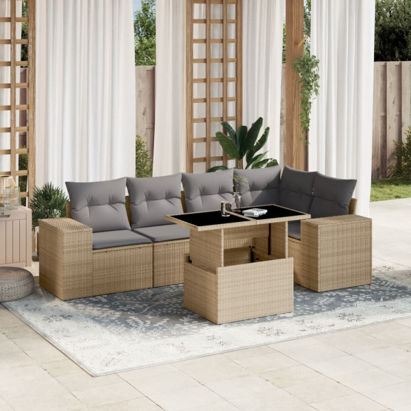 Conjunto de sofá de jardim com almofadas 6 peças de rattan sintético bege D