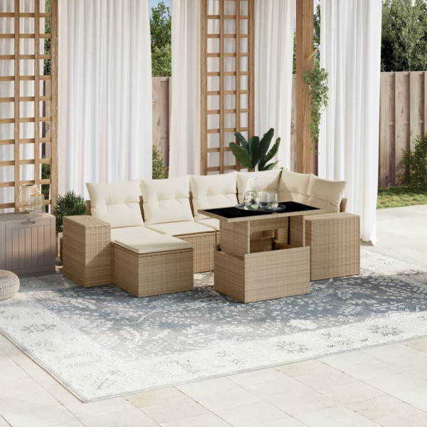 Set sofás de jardín 7 piezas y cojines ratán sintético beige D