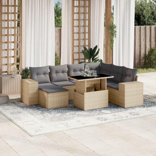 Set de sofás de jardín y cojines 8 piezas ratán sintético beige D