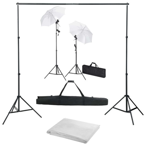 Kit de estúdio fotográfico com cenário.lâmpadas e guarda-chuvas D