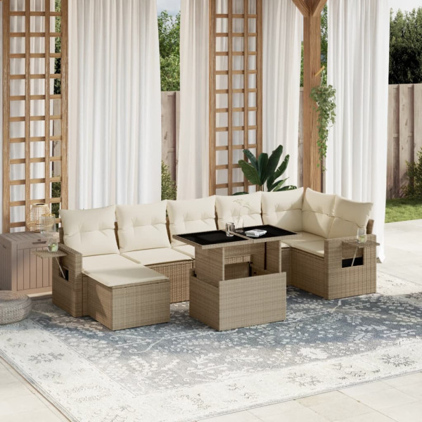 Set de sofás de jardín y cojines 8 piezas ratán sintético beige D