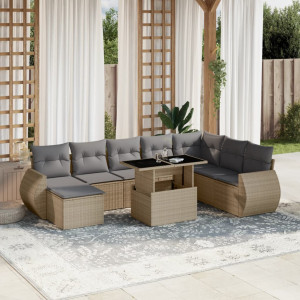 Set de sofás de jardín 9 pzas con cojines ratán sintético beige D