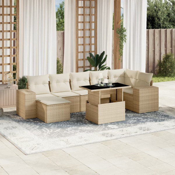 Set de sofás de jardín y cojines 8 piezas ratán sintético beige D