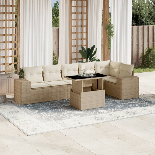 Set sofás de jardín 7 piezas y cojines ratán sintético beige D