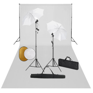 Kit de estúdio fotográfico, lâmpadas, guarda-chuvas, fundo e refletor D