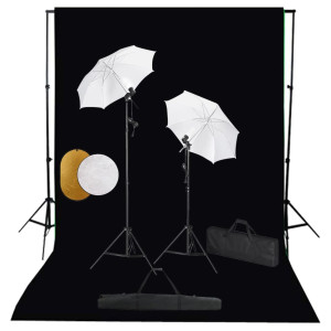 Kit de estúdio fotográfico, lâmpadas, guarda-chuvas, fundo e refletor D