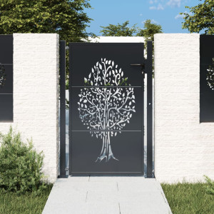 Puerta de jardín acero gris antracita diseño árbol 105x155 cm D