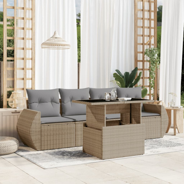 Sofá de jardim com almofadas 5 pcs bege sintético rattan D