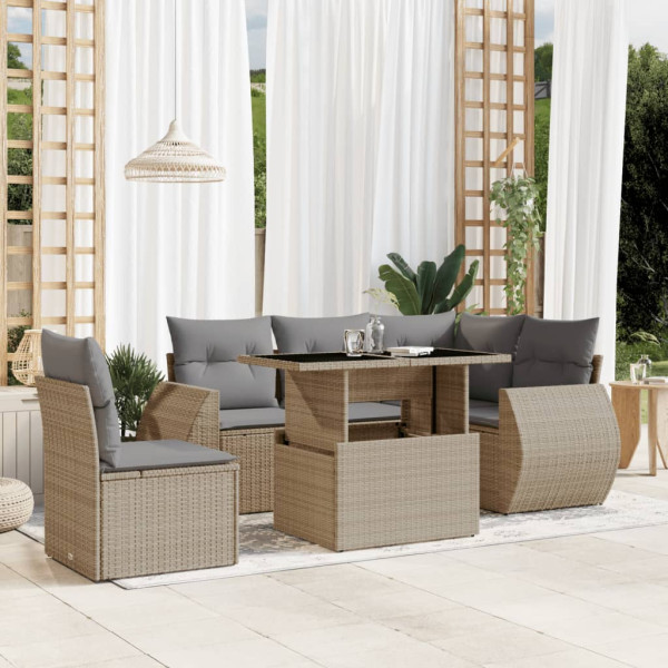 Conjunto de sofá de jardim com almofadas 6 peças de rattan sintético bege D