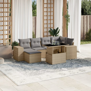 Set sofás de jardín 7 piezas y cojines ratán sintético beige D