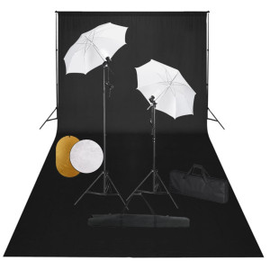 Kit de estúdio fotográfico, lâmpadas, guarda-chuvas, fundo e refletor D