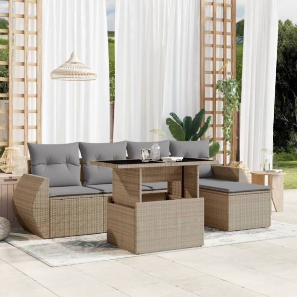 Conjunto de sofá de jardim com almofadas 6 peças de rattan sintético bege D