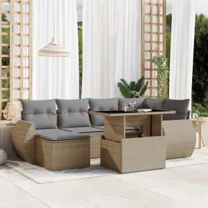 Set sofás de jardín 7 piezas y cojines ratán sintético beige D