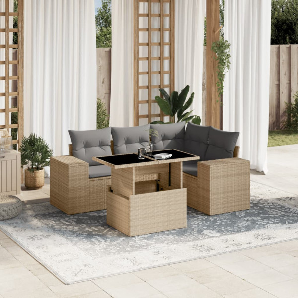 Sofá de jardim com almofadas 5 pcs bege sintético rattan D