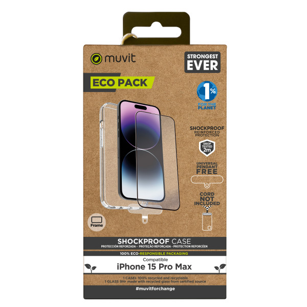 À prova de choque de Muvit 2m caso para maçã iphone 15 pro max transparente + protetor tela temperado moldura de vidro preto D