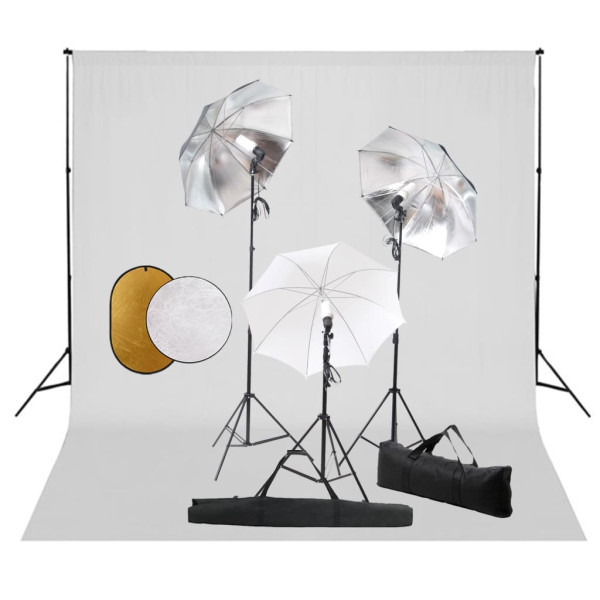 Lâmpadas de kit de estudo de fotos. parasols. fundo e reflector D