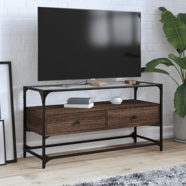 Mueble TV cristal y madera ingeniería marrón roble 98x35x51 cm D