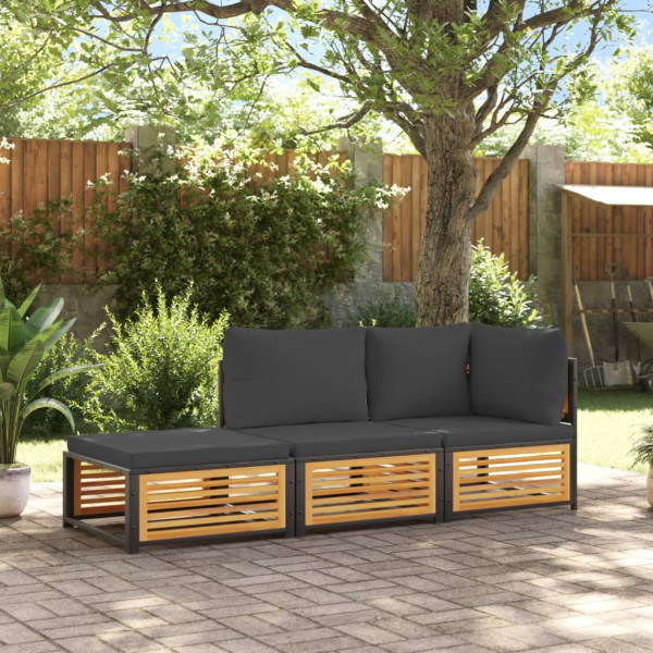 Set de sofás de jardín con cojines 3 pzas madera maciza acacia D