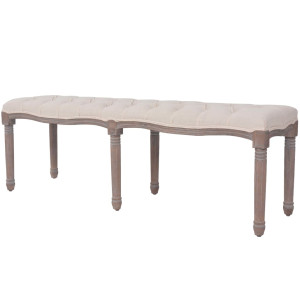 Banco de madera maciza y lino blanco crema 150x40x48 cm D