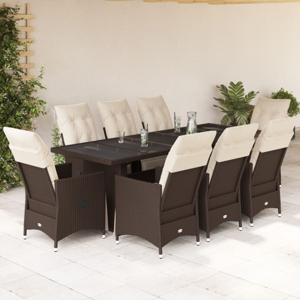 Conjunto de mesa e cadeiras de jardim 9 peças e almofadas rattan PE marrom D