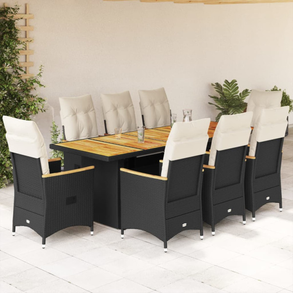 Conjunto de mesa e cadeiras de jardim de 9 peças com almofadas de vime PE preto D