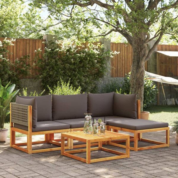 Set de sofás de jardín con cojines 5 pzas madera maciza acacia D