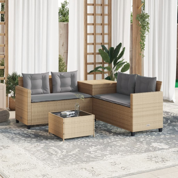 Sofá de jardín en forma de L con mesa y cojines ratán PE beige D