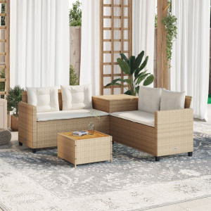 Sofá de jardín en forma de L con mesa y cojines ratán PE beige D