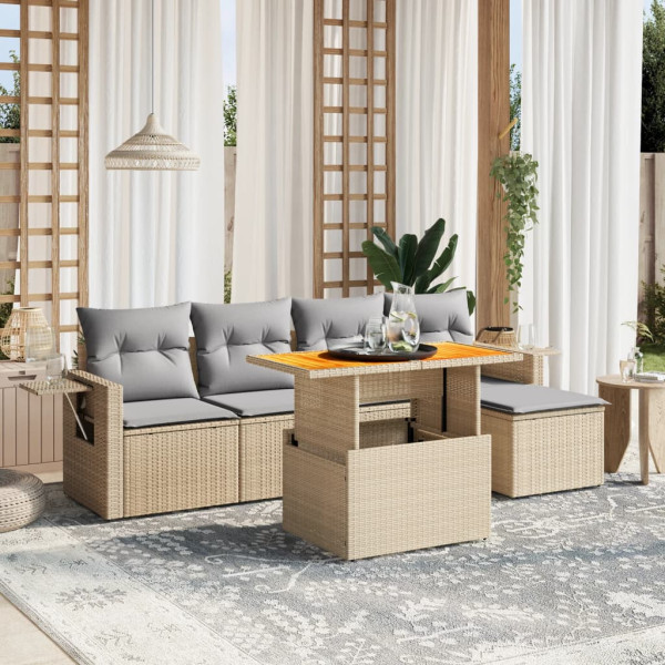 Sofá de jardim com almofadas 6 pcs bege sintético rattan D