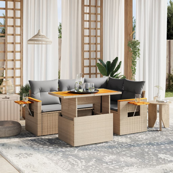 Sofá de jardim com almofadas 5 pcs bege sintético rattan D