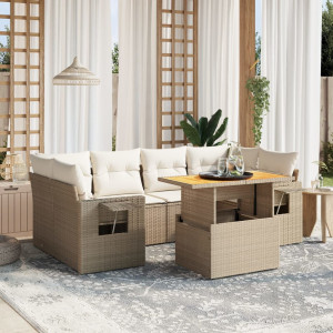 Set sofás de jardín 7 piezas y cojines ratán sintético beige D