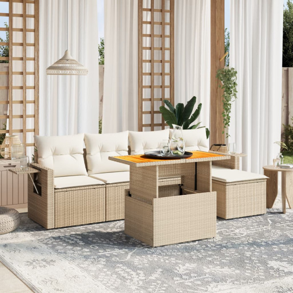 Sofá de jardim com almofadas 6 pcs bege sintético rattan D