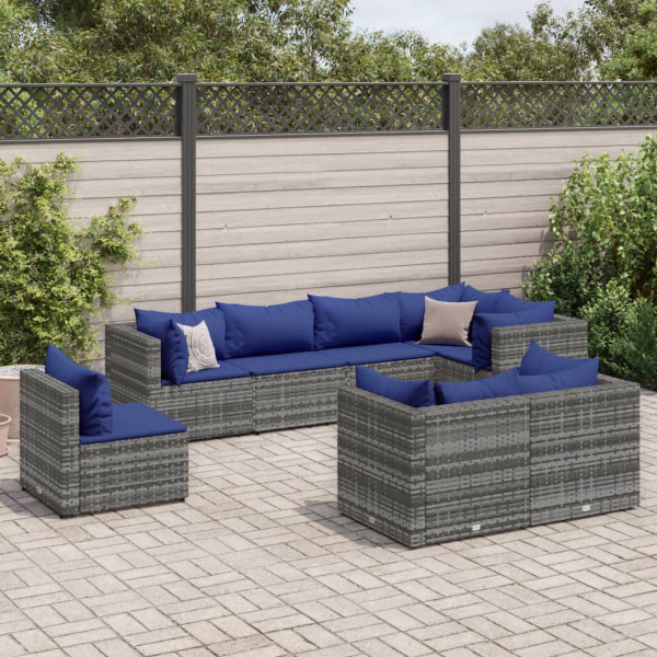 Set de muebles de jardín 8 pzas y cojines ratán sintético gris D